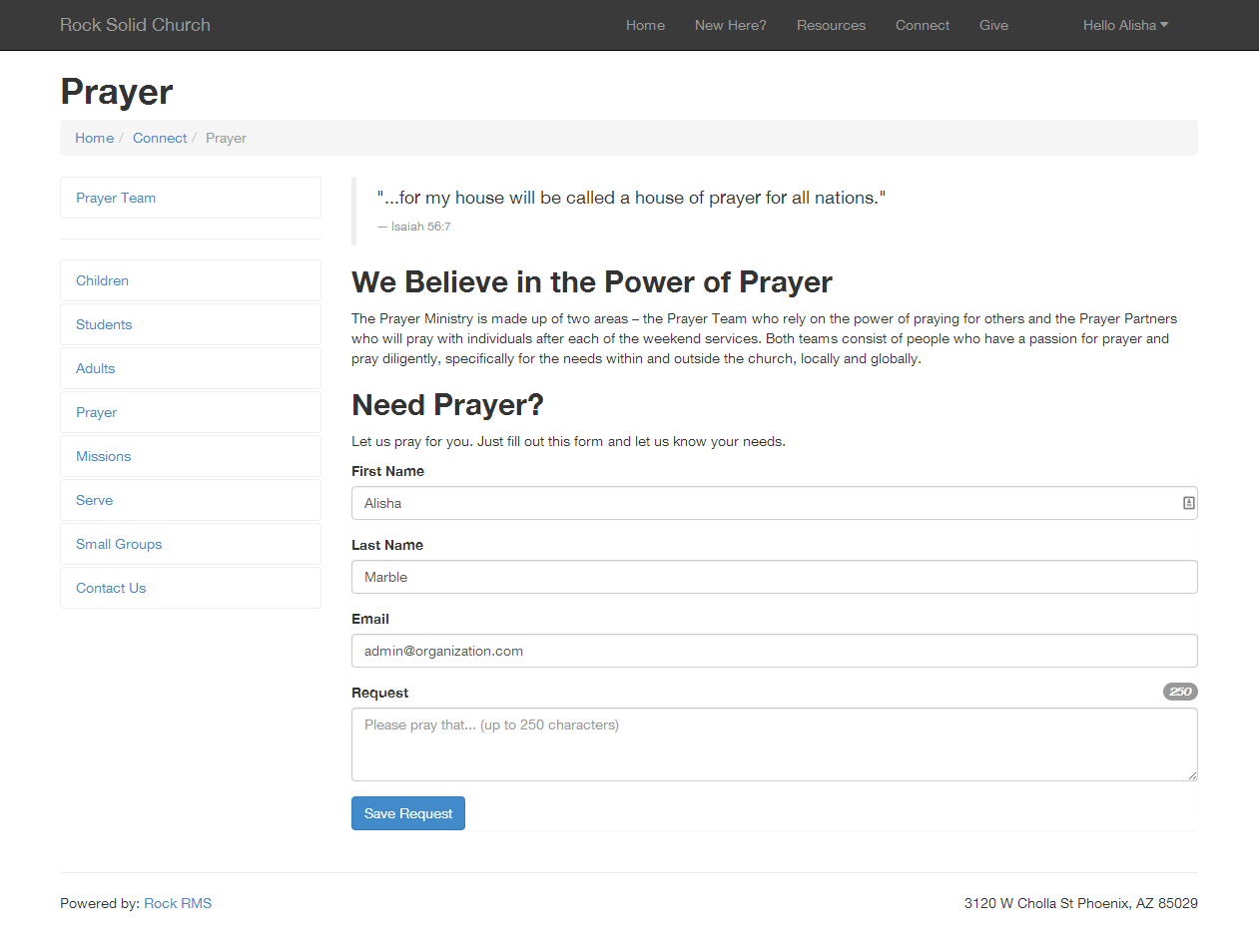 Adding a Prayer Request