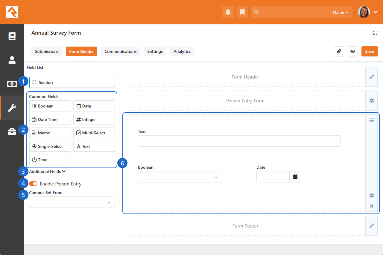 Adding form fields in the Form Builder