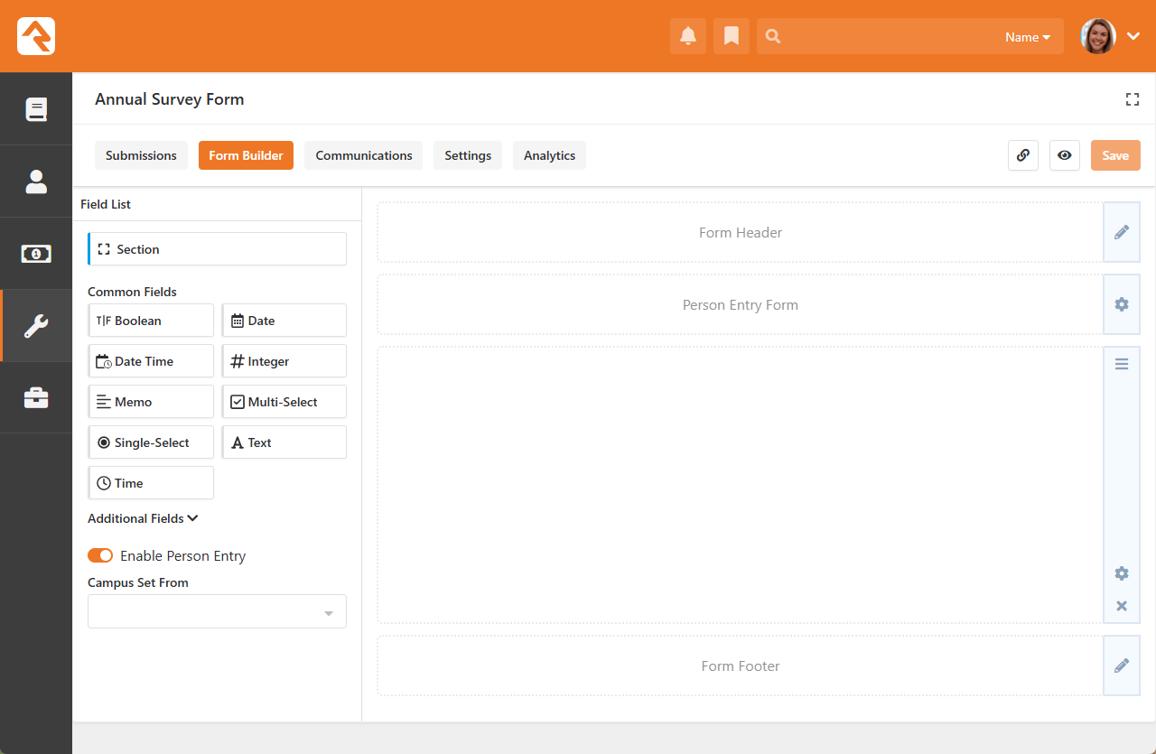 Form Builder home screen with field list and form layout