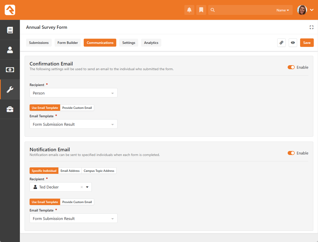 Communications tab with confirmation and notification email settings