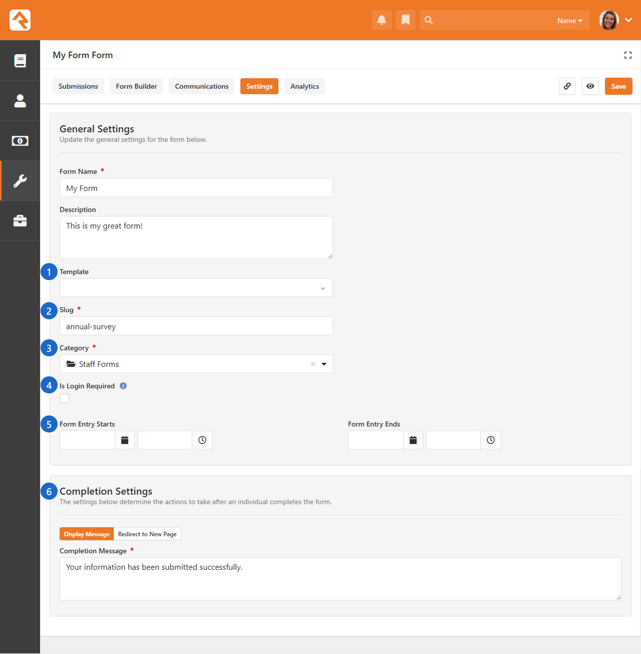 Form settings configuration panel