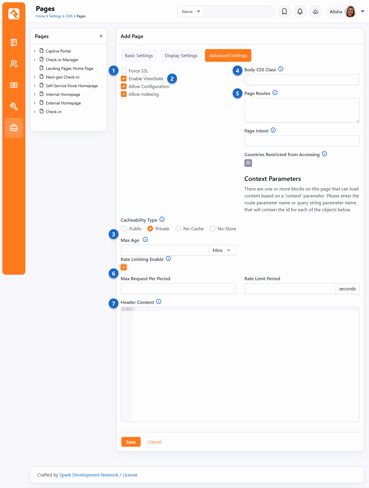 Page editor showing advanced settings including SSL, cacheability, rate limiting, and body CSS class.