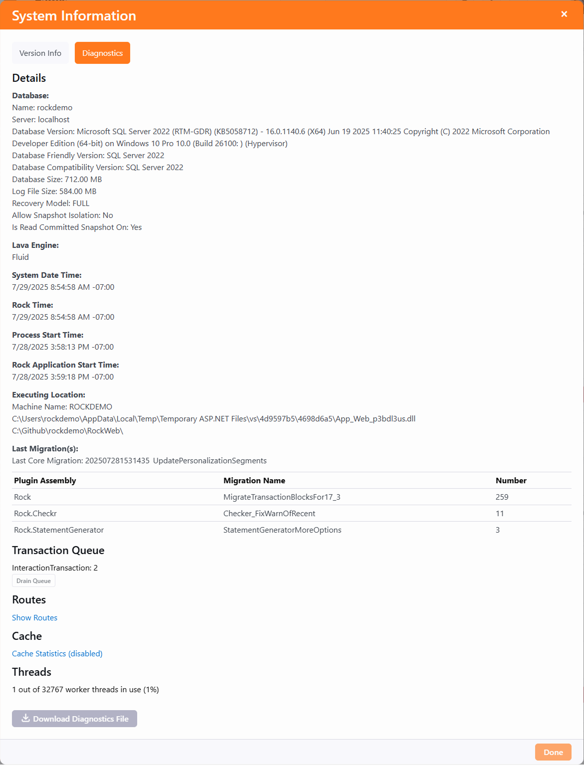 Diagnostics Dialog