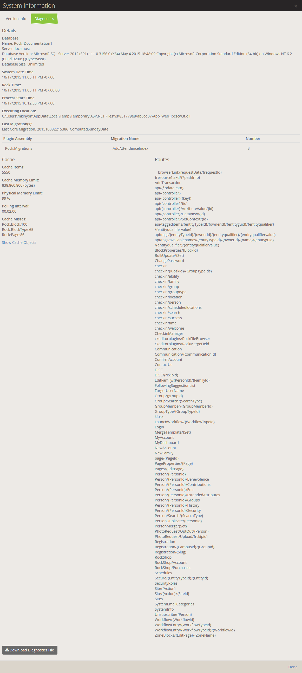 Diagnostics Dialog