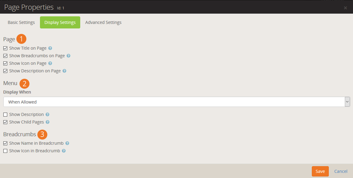 Page Settings Display