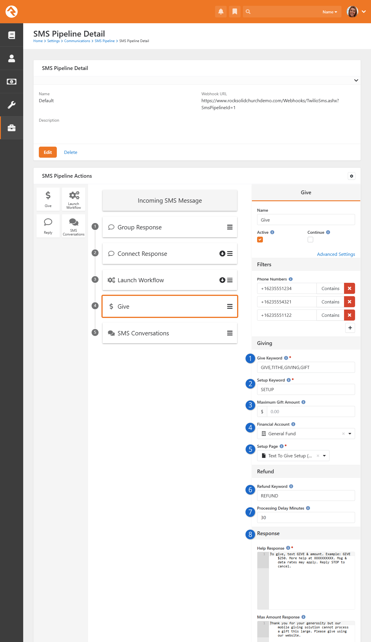 SMS Pipeline Give Action
