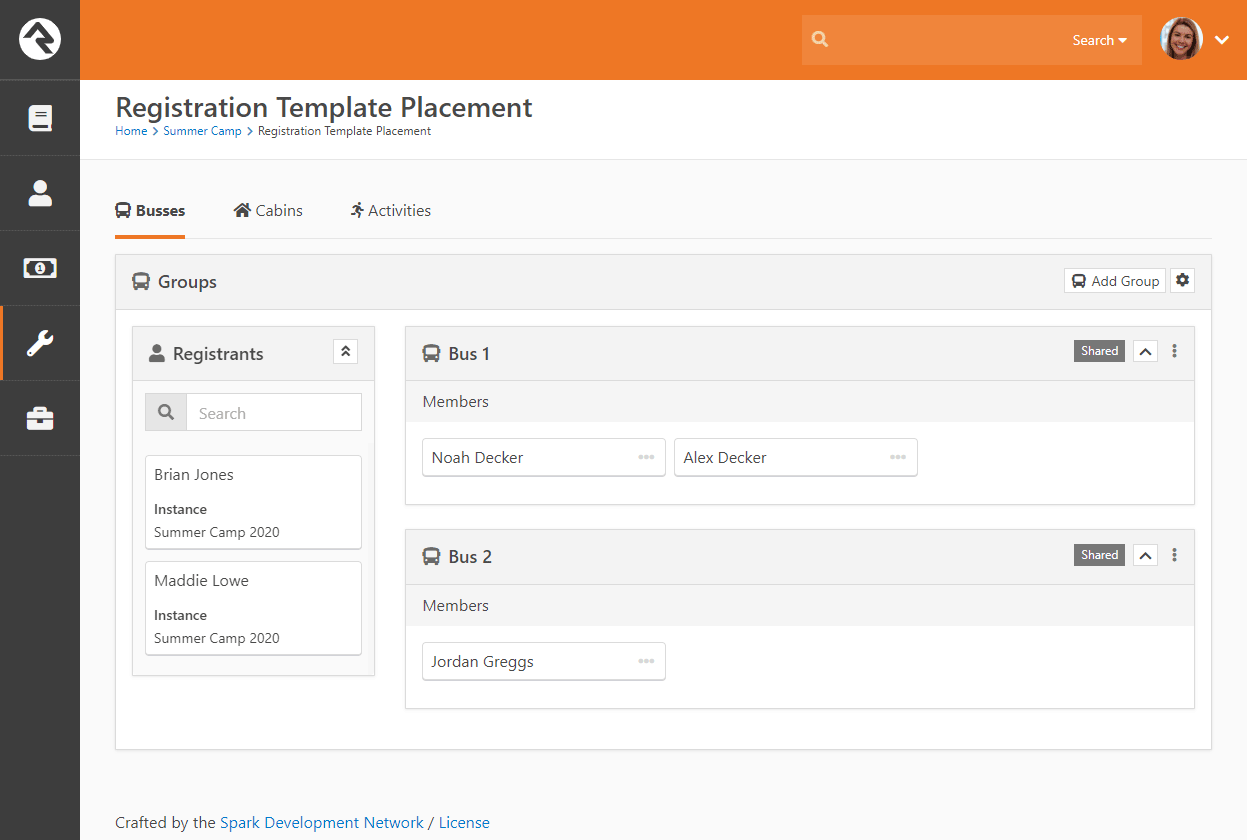 Registration Template Placement Page