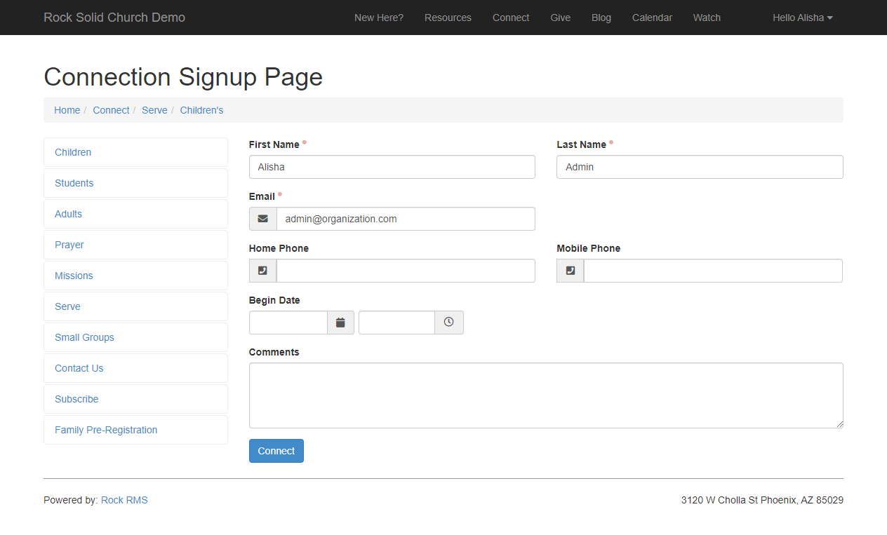Connection Signup Page