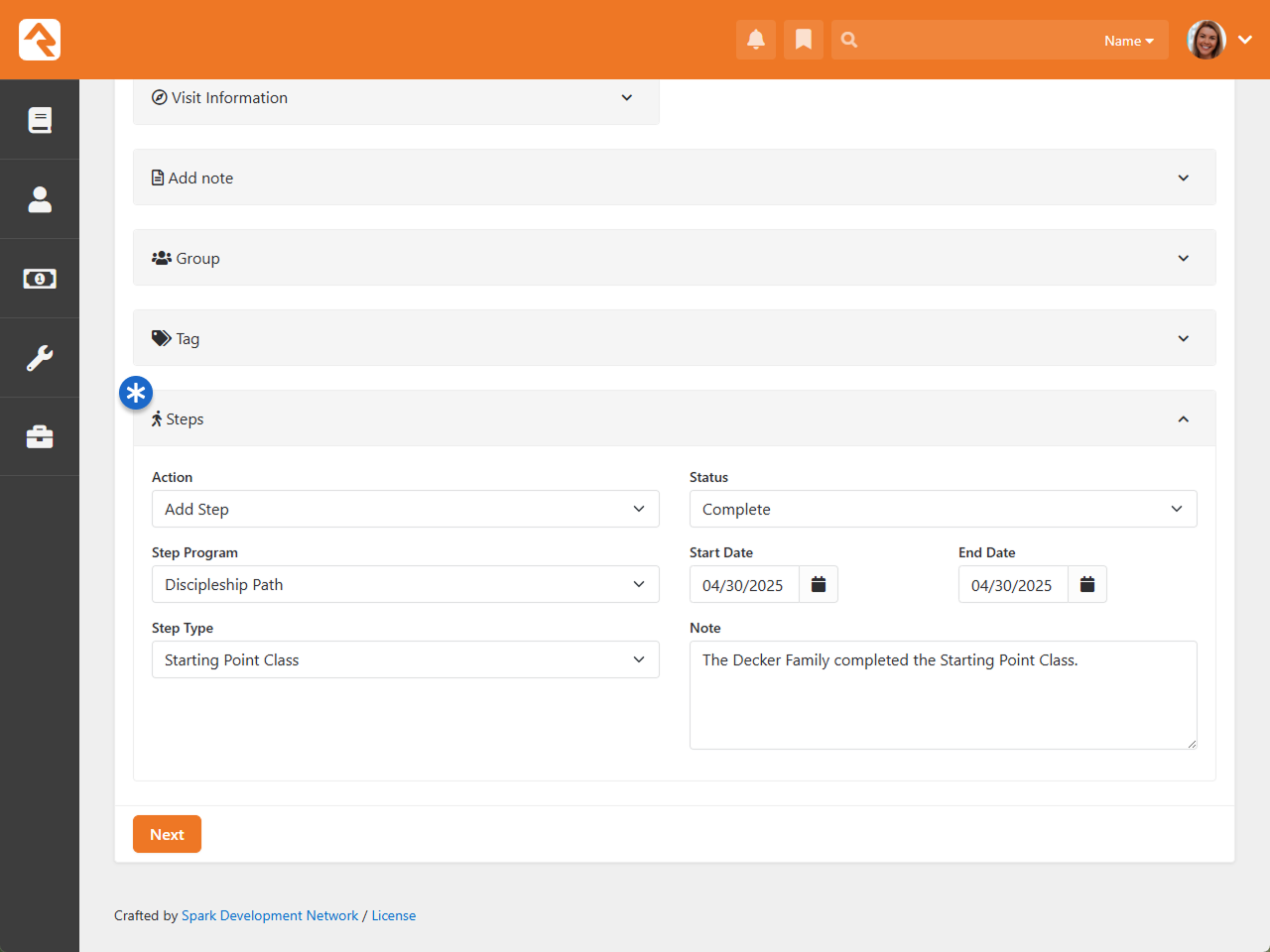 Step bulk entry interface showing selected program, type, dates, and notes.