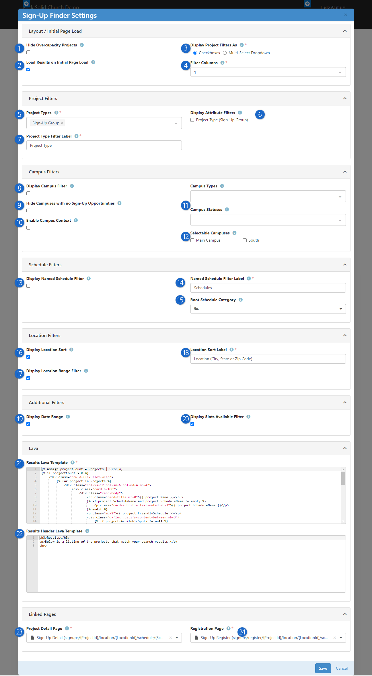 Sign-Up Finder Block Settings