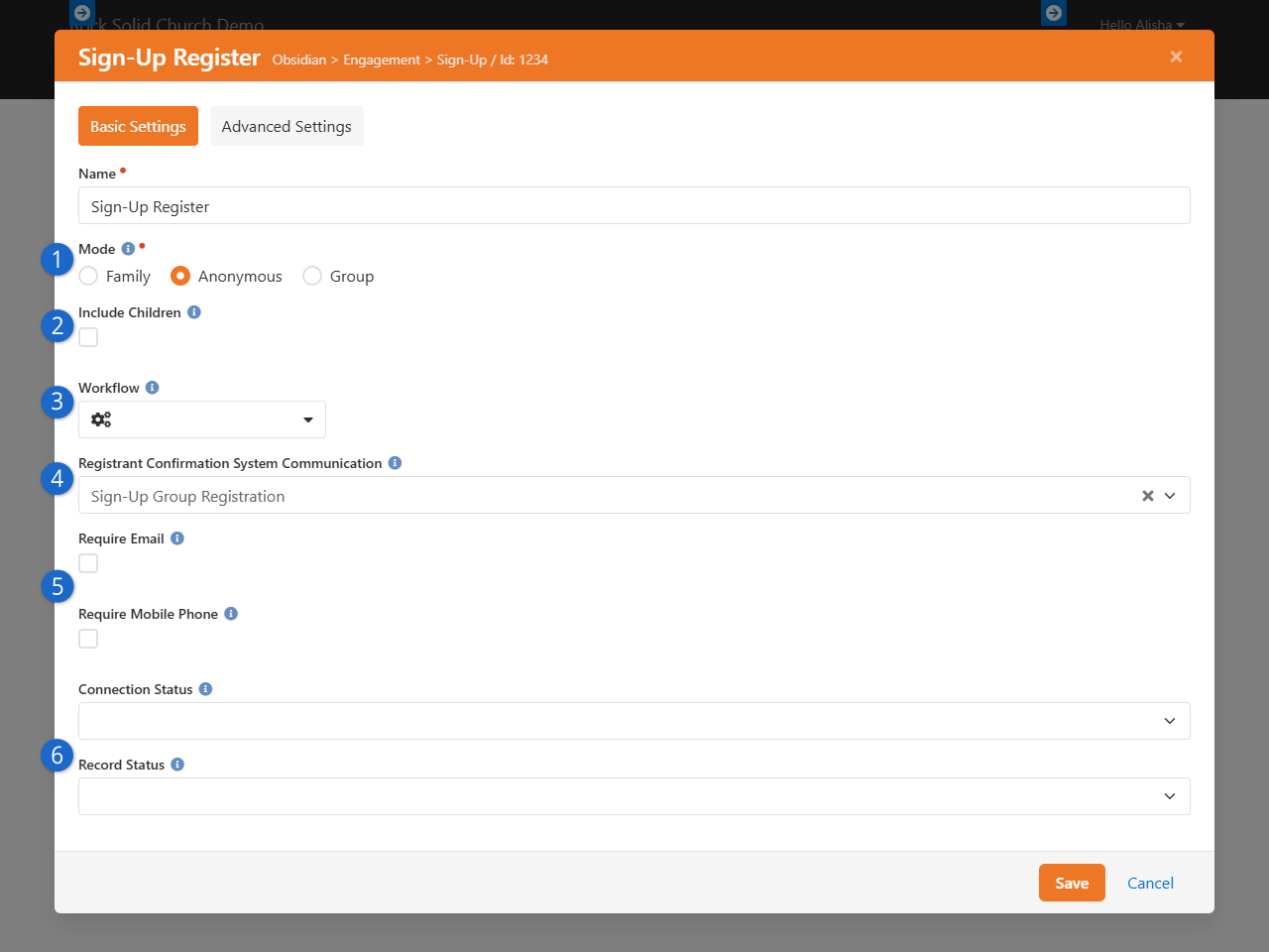 Registration Block Settings