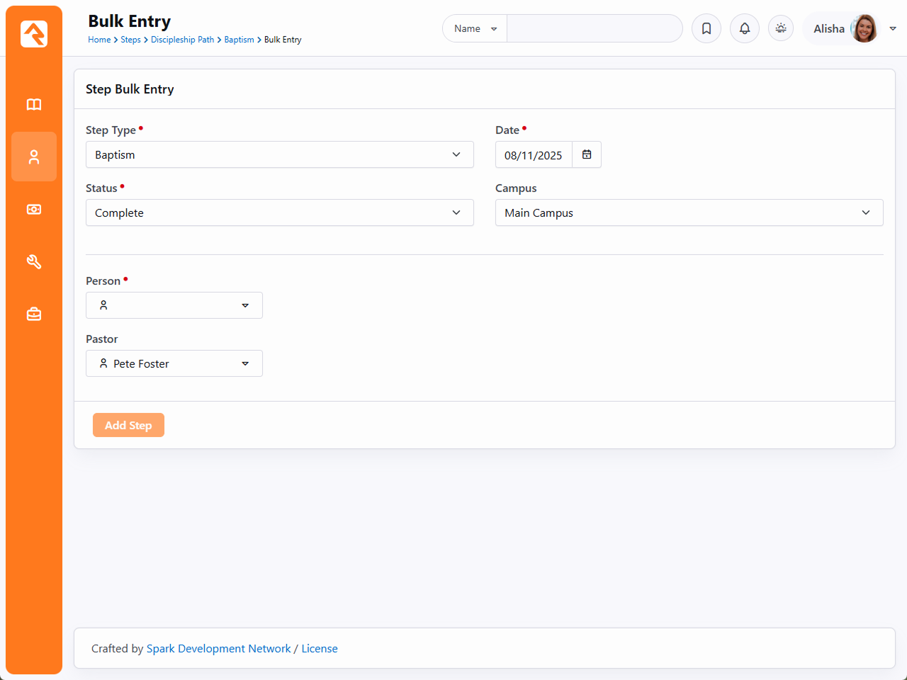 Bulk Entry From Step Program/Step Type Page