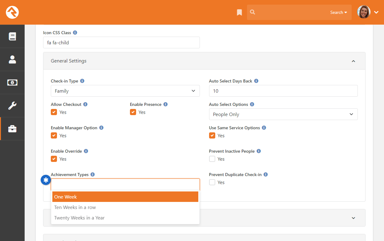 Check-in Configuration for Achievement Type