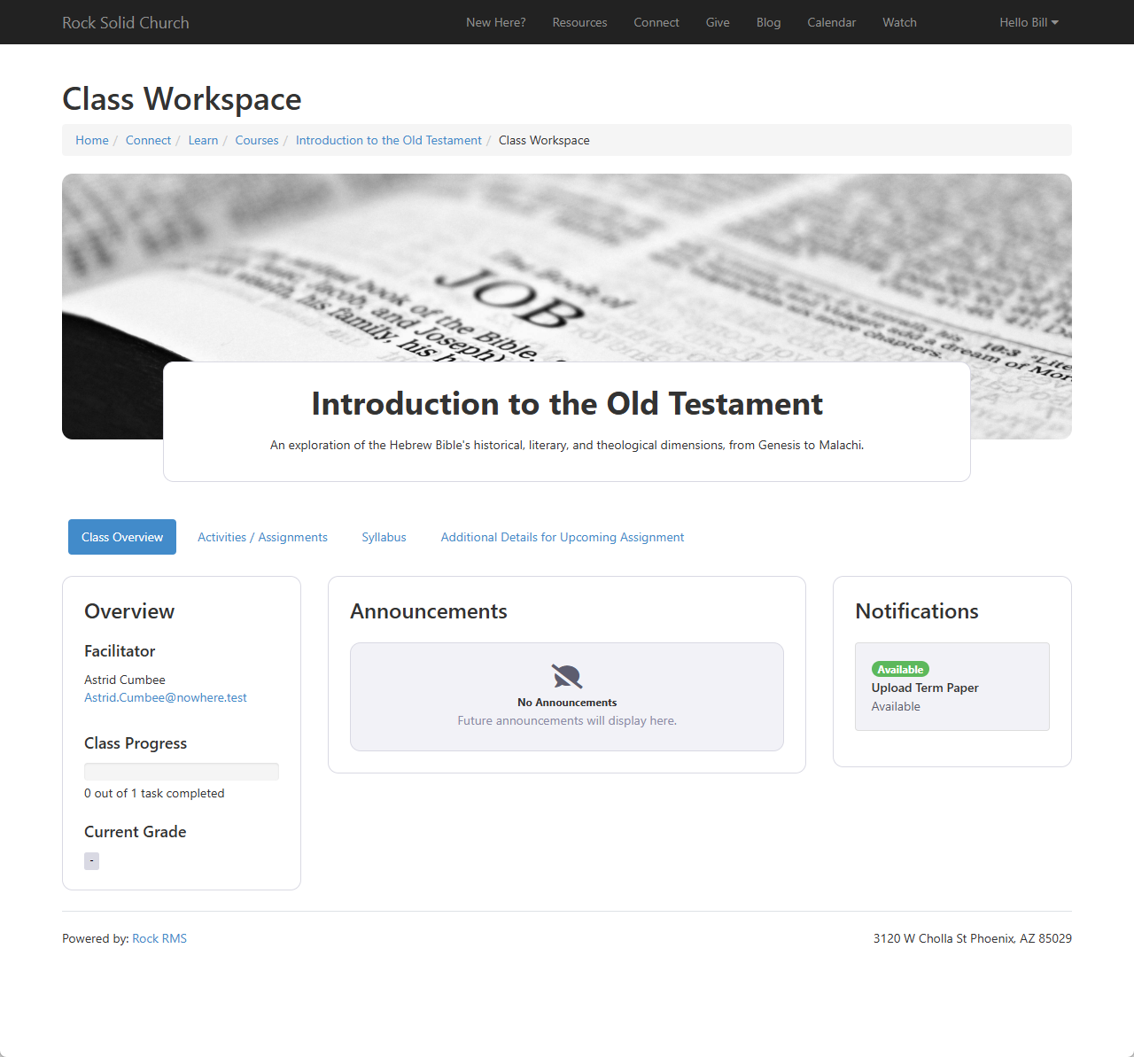 An example Academic Calendar class workspace