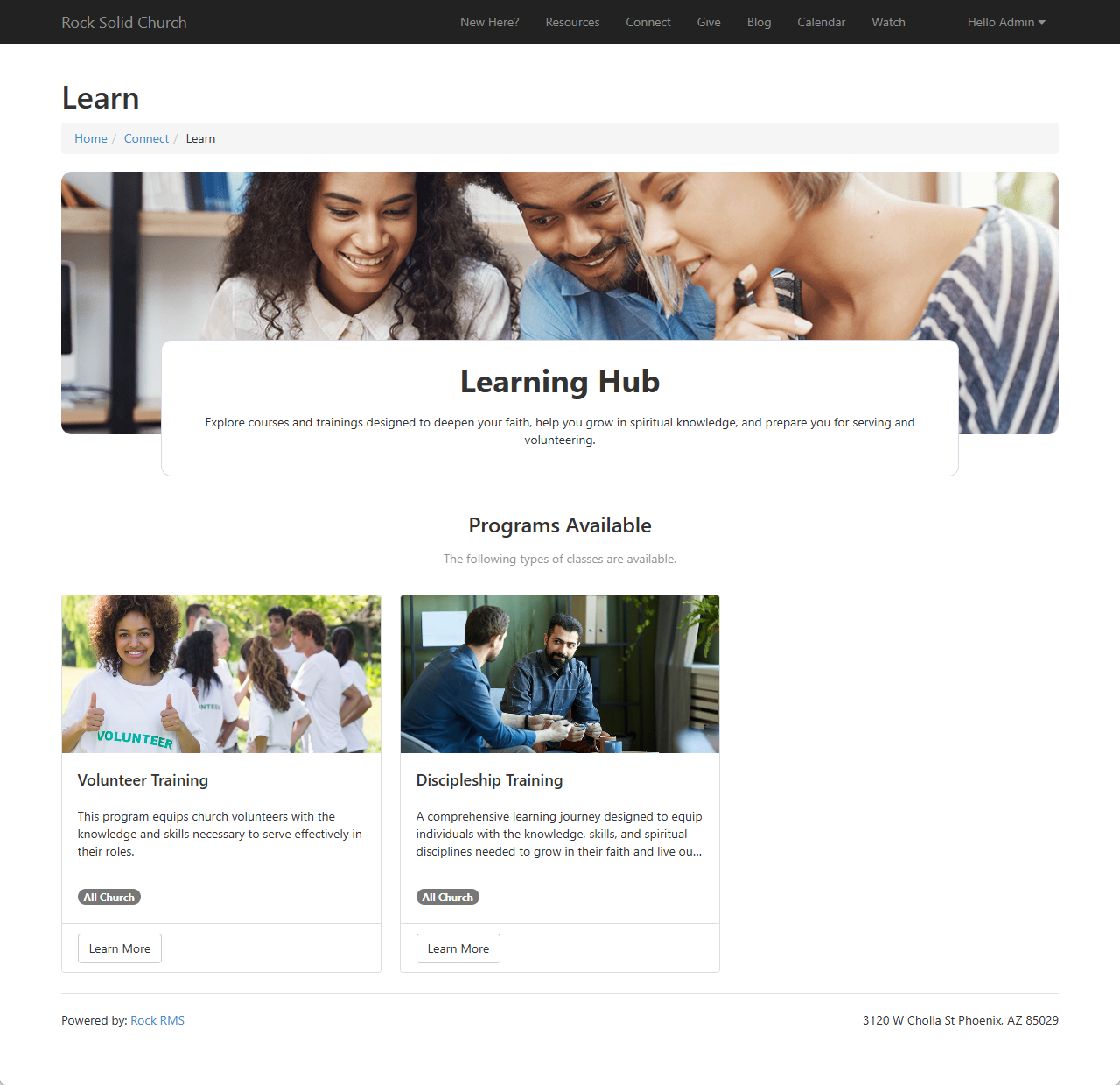 An example Learning Hub page