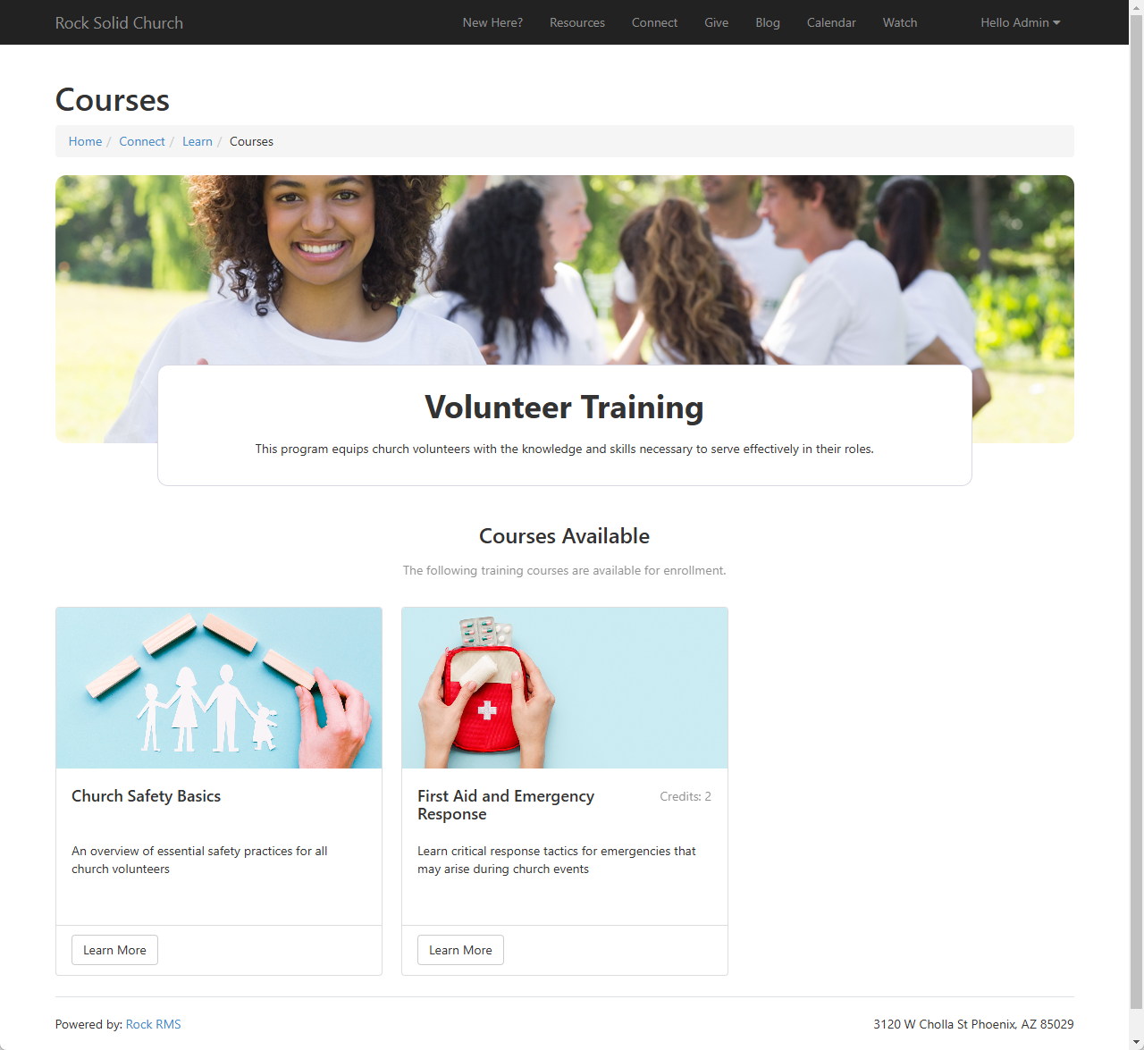 An example Program Courses page