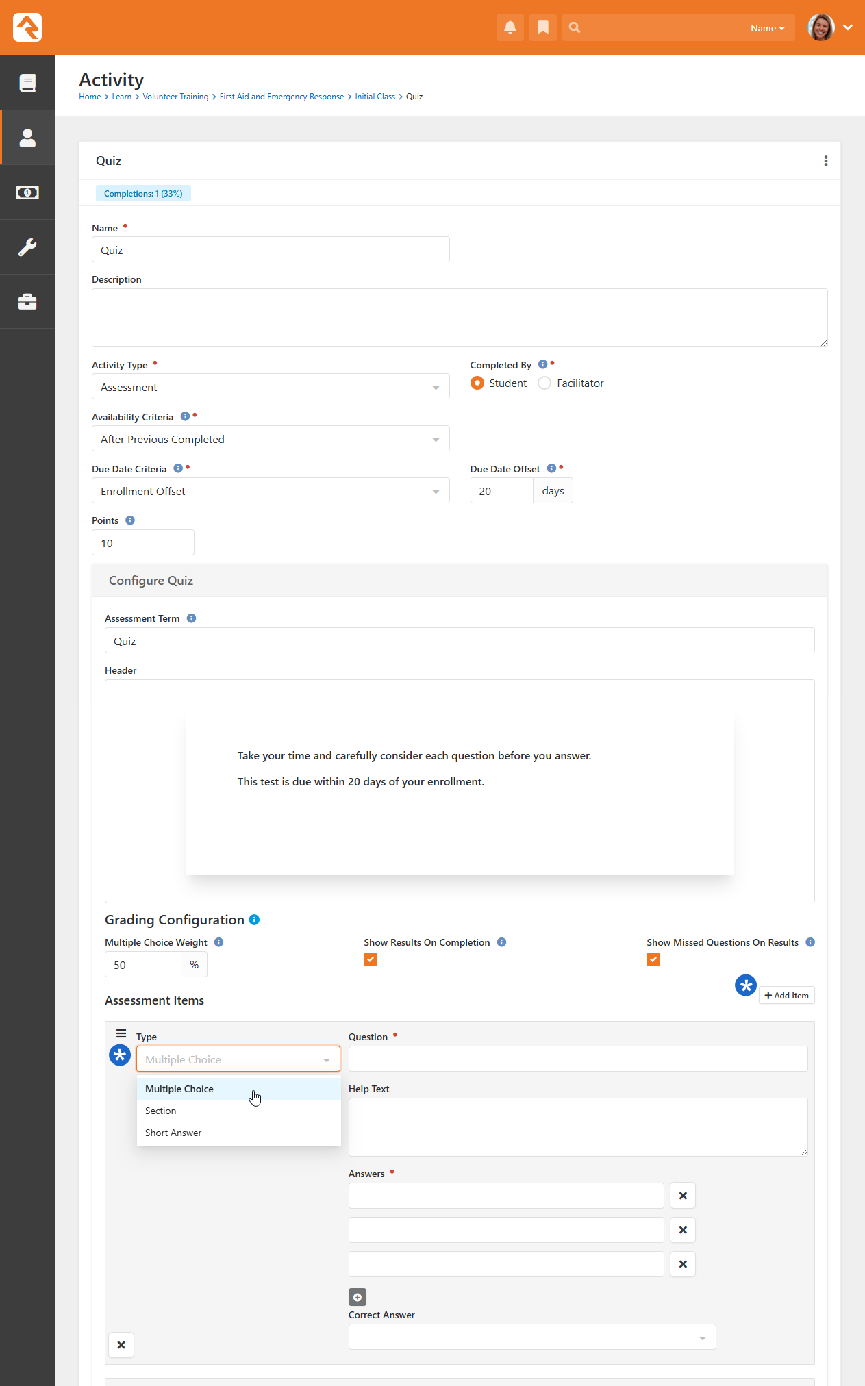 Assessment Activity Type no items