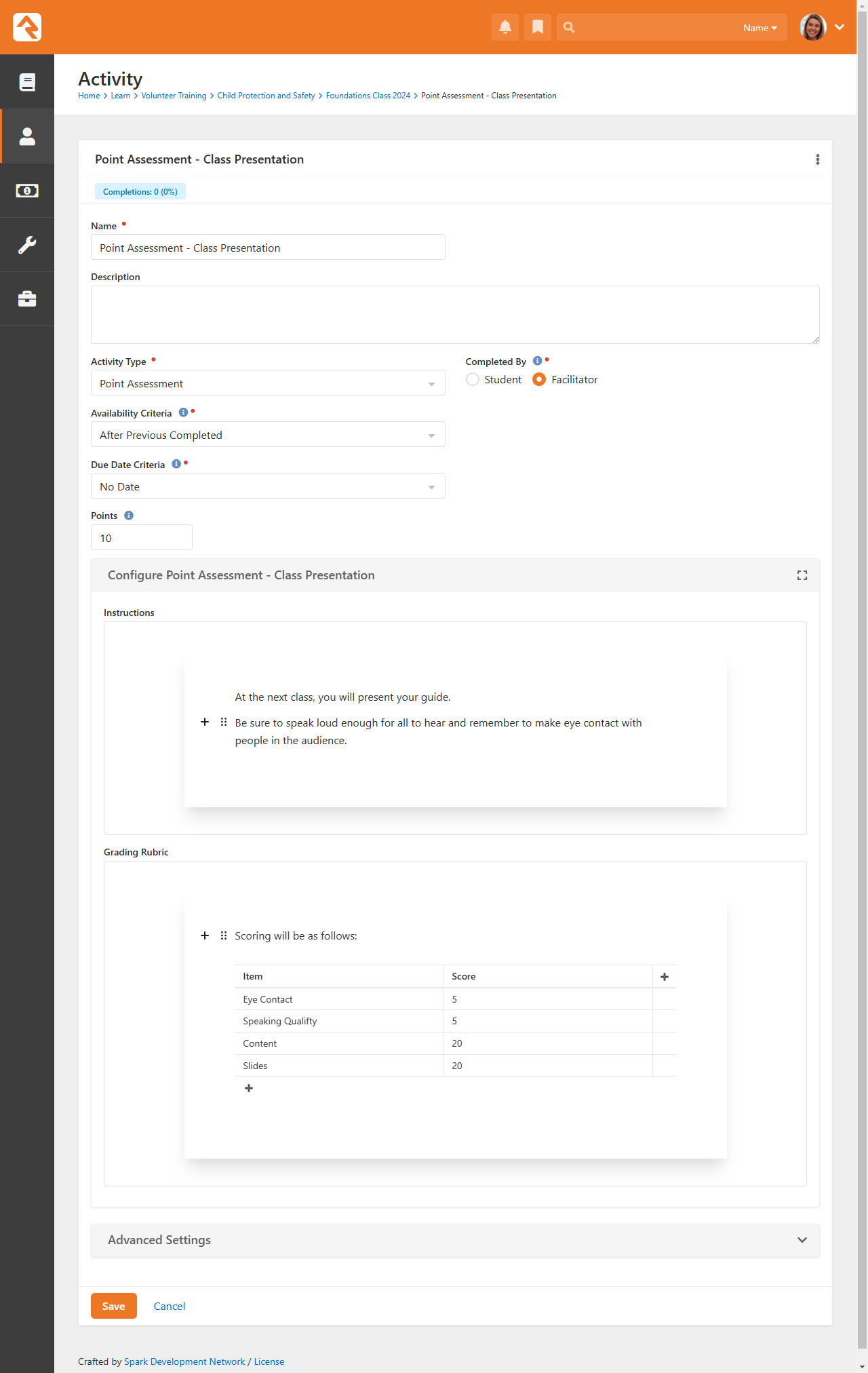 Point Assessment Activity Type