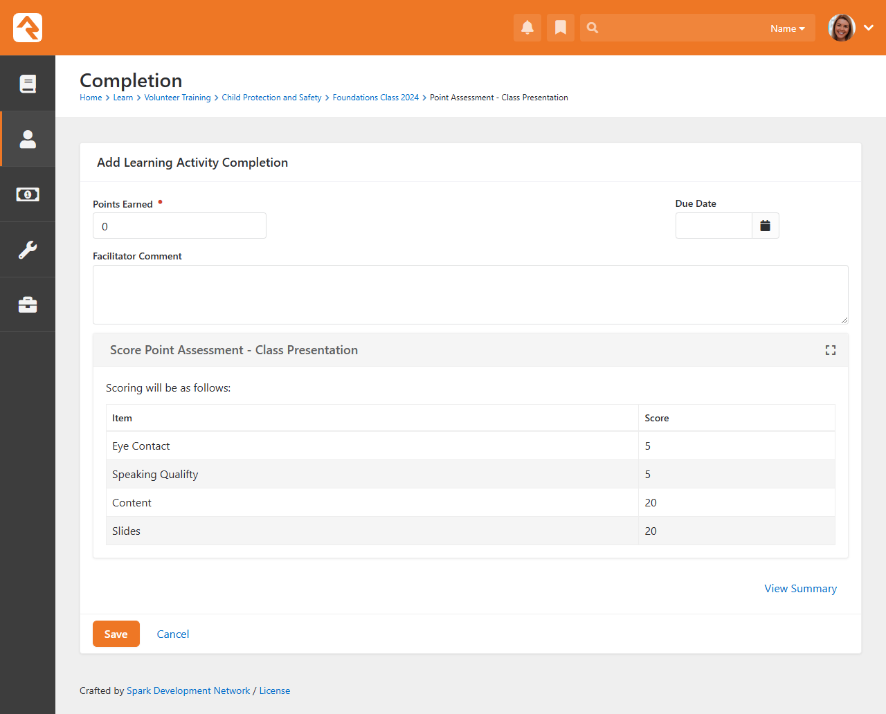 Facilitator Completion view for Point Assessment