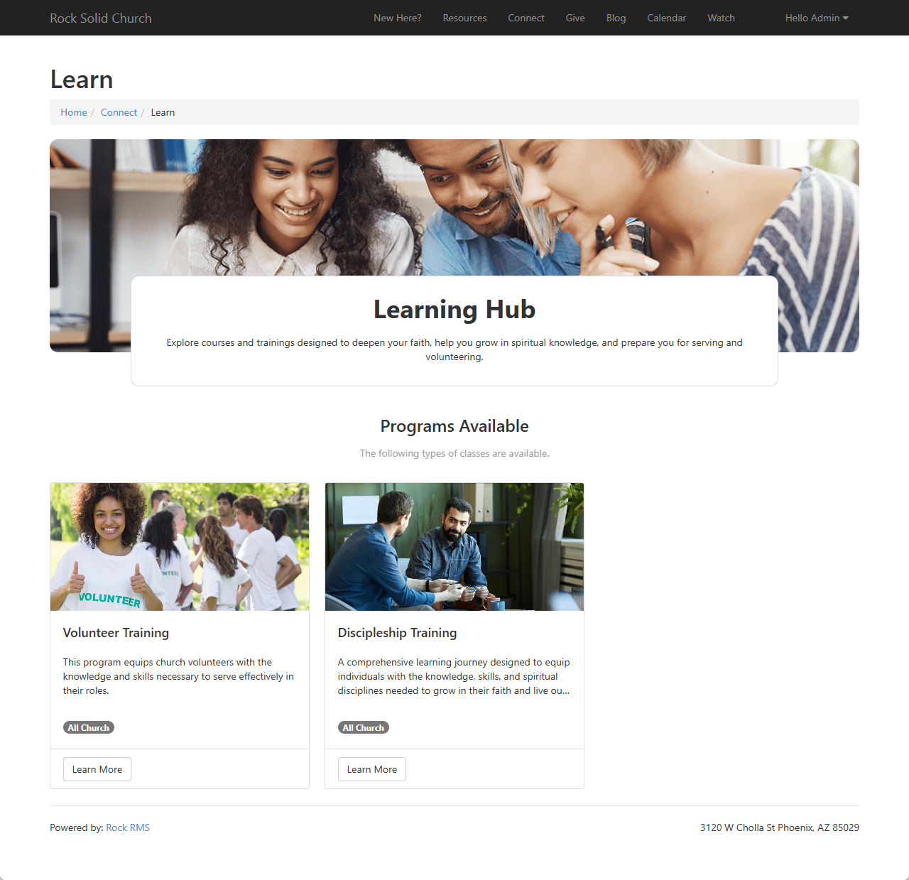 The external Learning Hub page