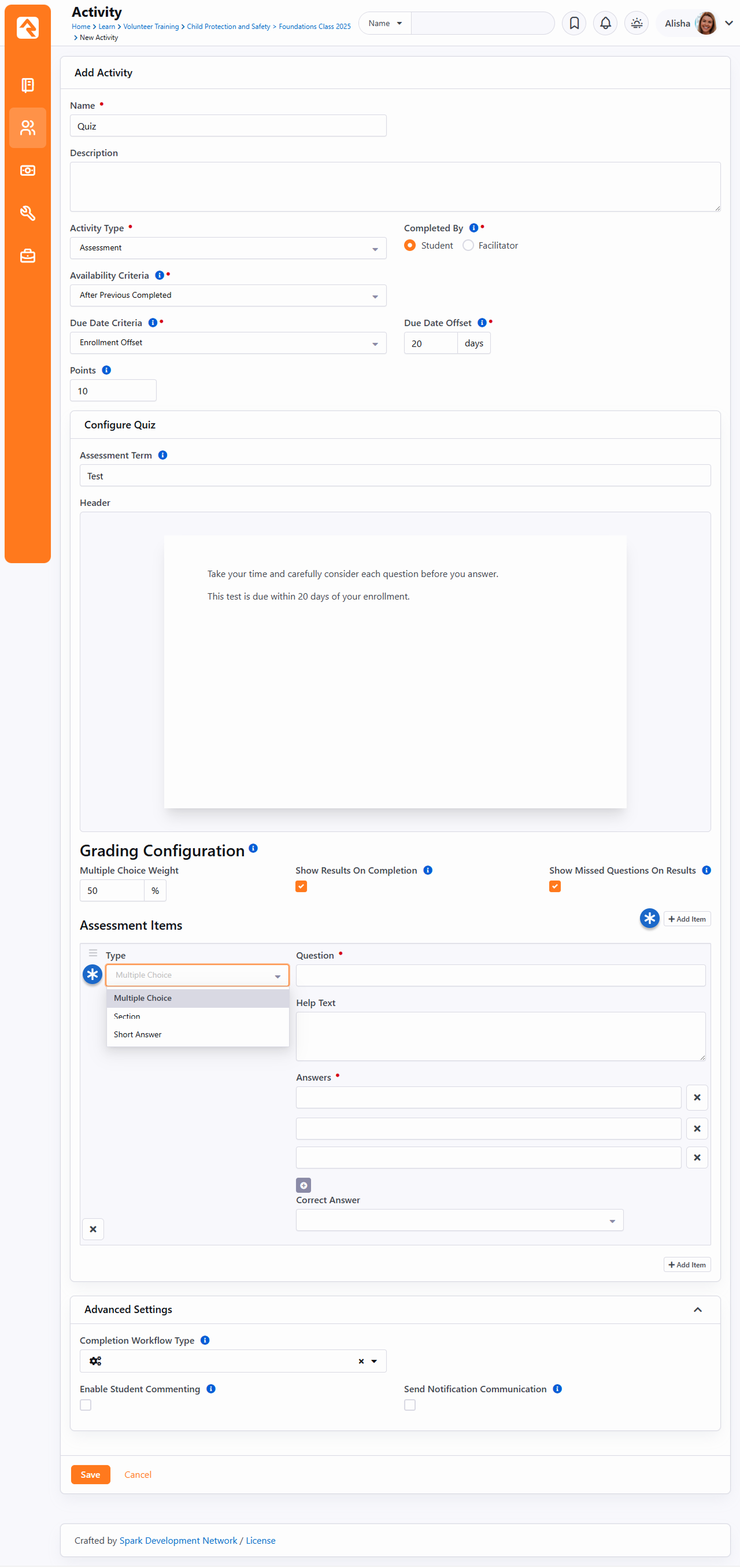 Configuration View (Assessment Items)
