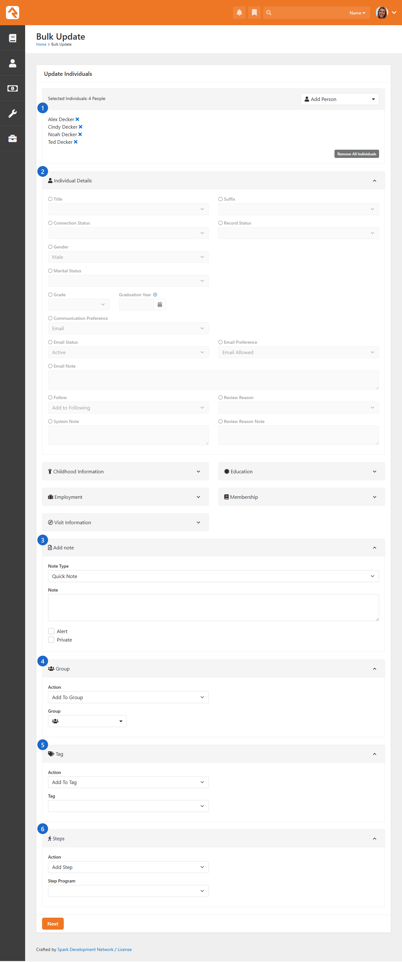 Bulk update screen for managing multiple people, including details like groups, tags, and steps.