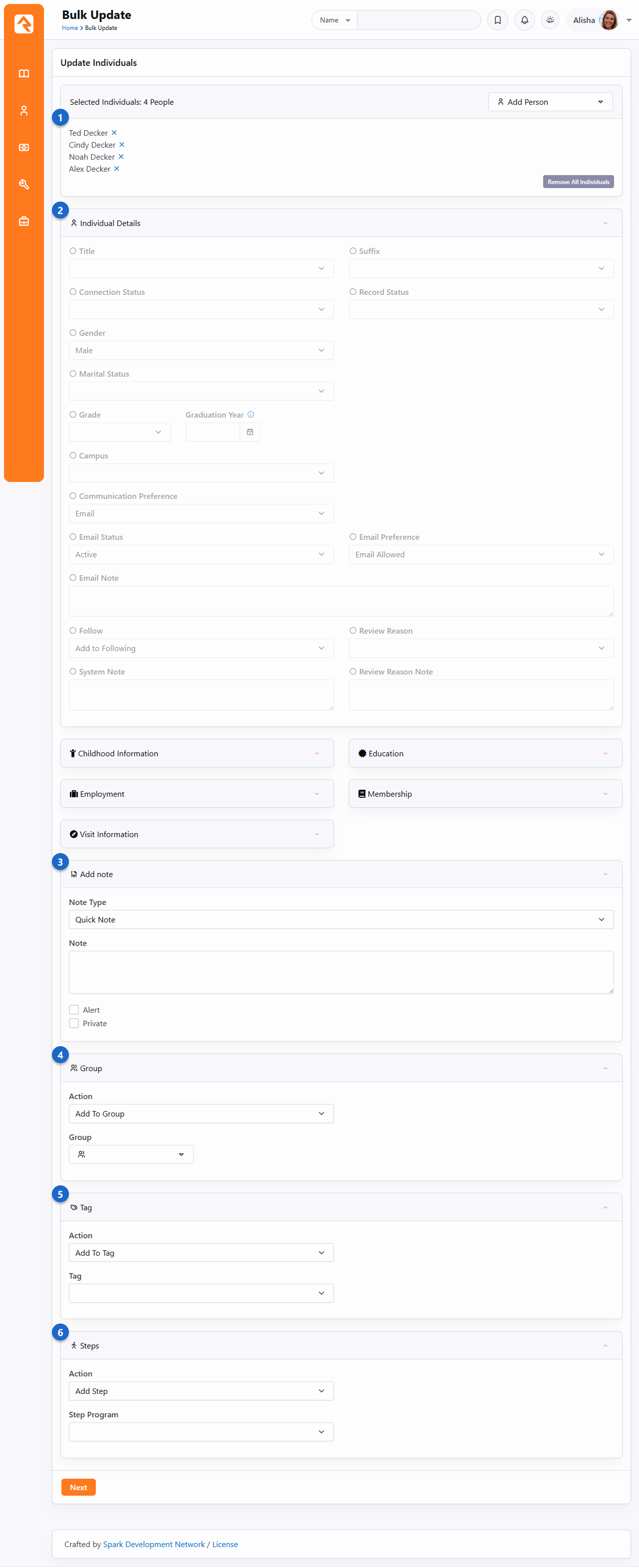 Bulk update screen for managing multiple people, including details like groups, tags, and steps.