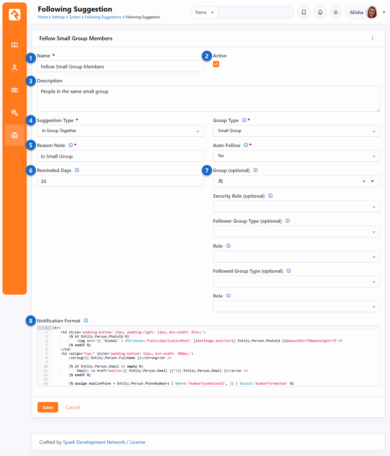 Following Suggestion Configuration