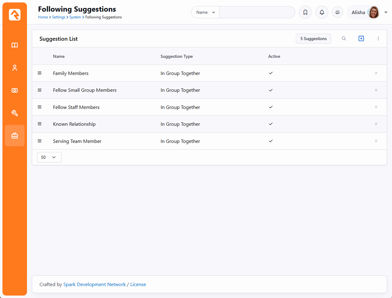 Following Suggestion Type List