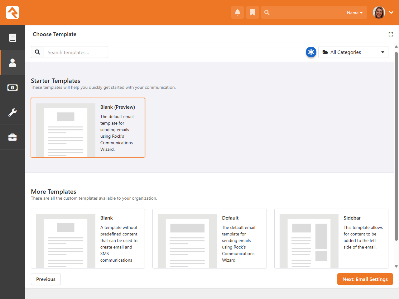 Template selection screen displaying starter and custom templates for communication.