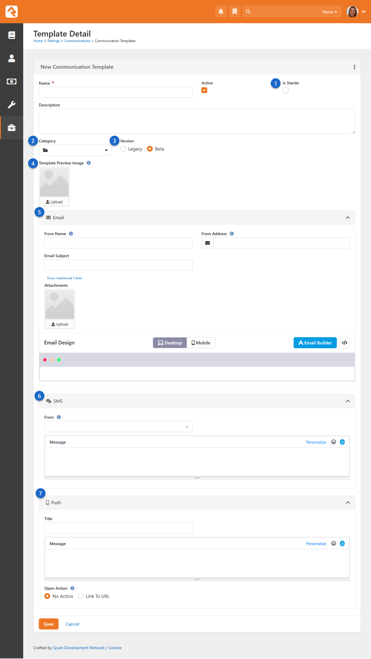 Form for creating a new communication template, including email, SMS and push options.