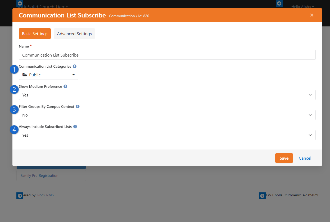 Communication List Block Settings