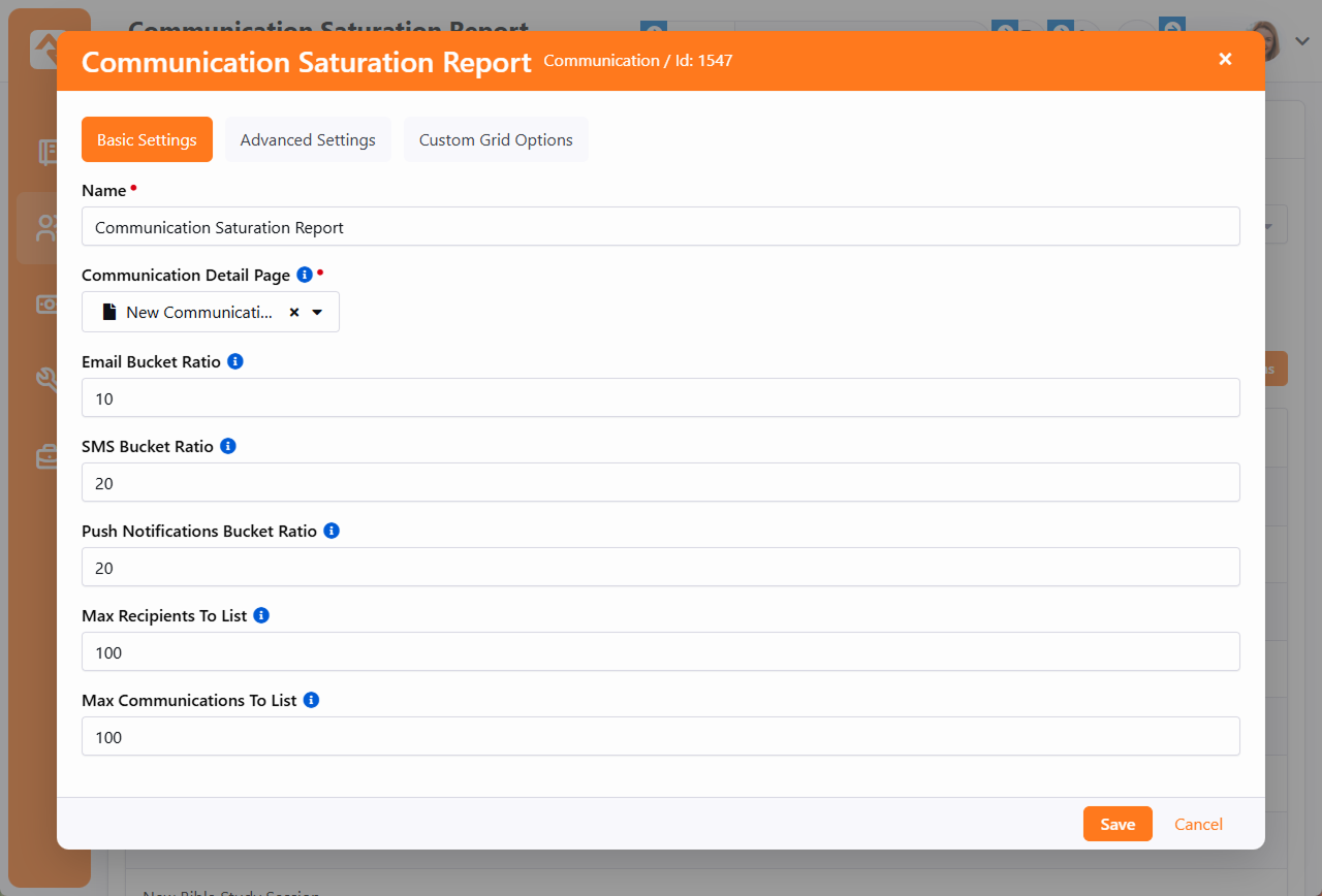 Communication Saturation Report - Block Settings