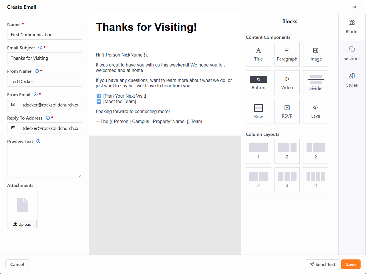 Email creation screen in flow builder