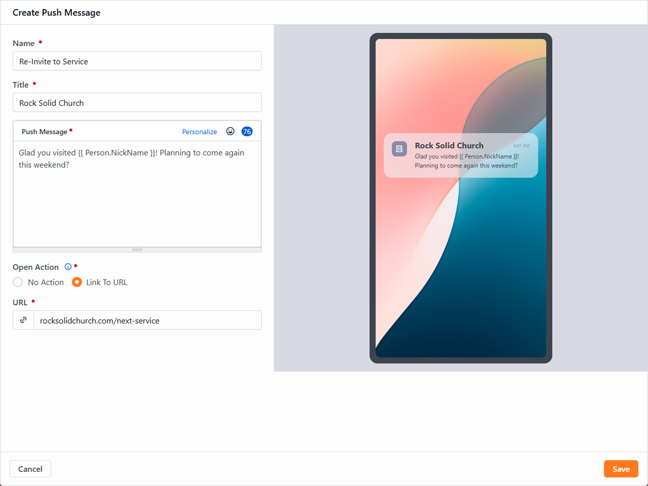 Push notification creation screen in flow builder