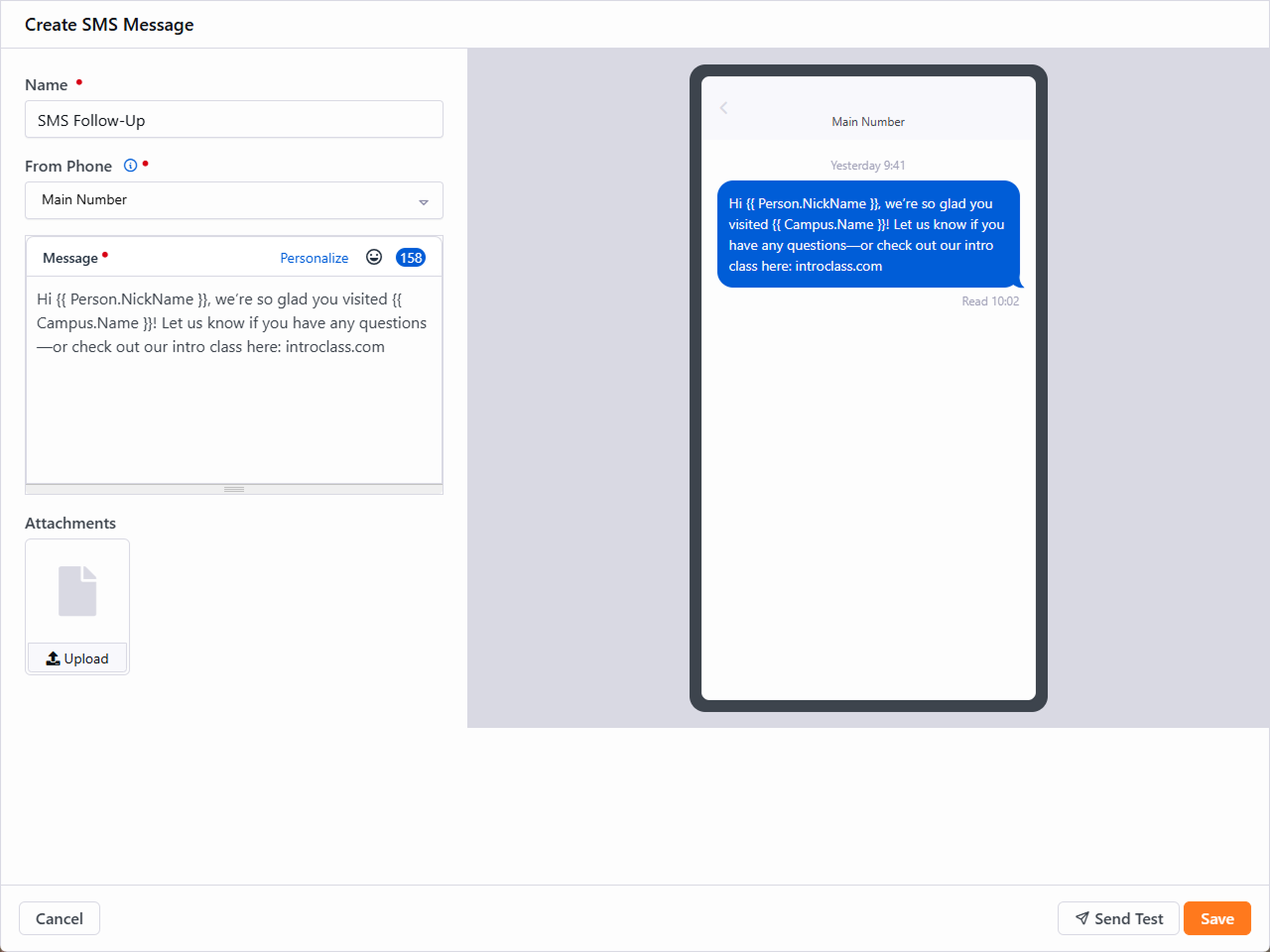 SMS creation screen in flow builder