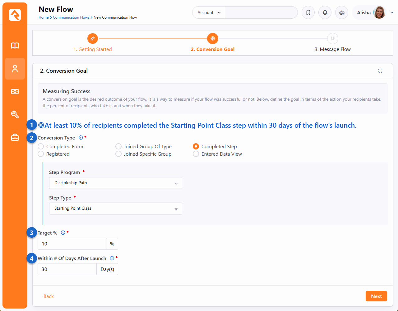 Conversion goal configuration screen