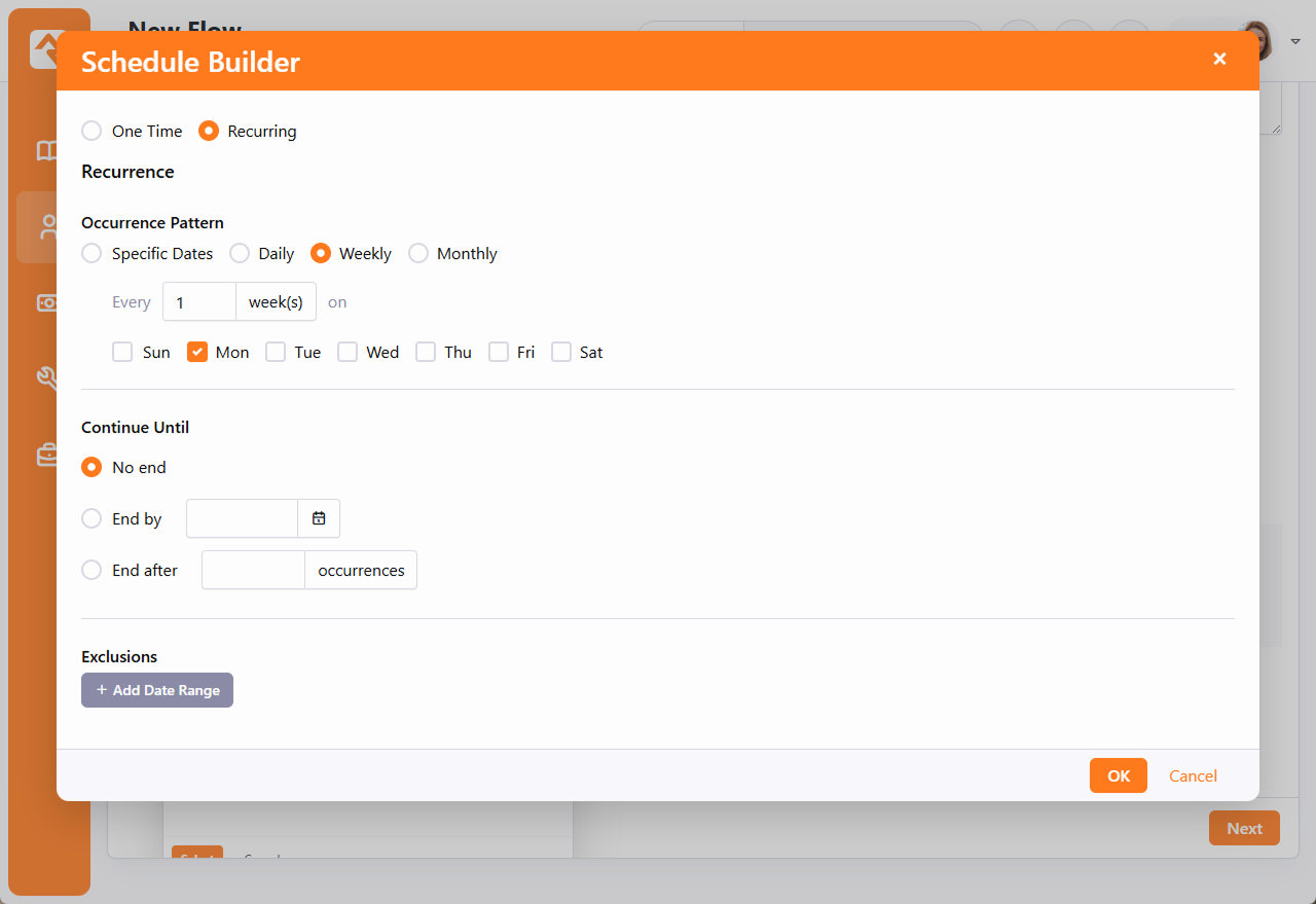Schedule builder popup for recurring flows
