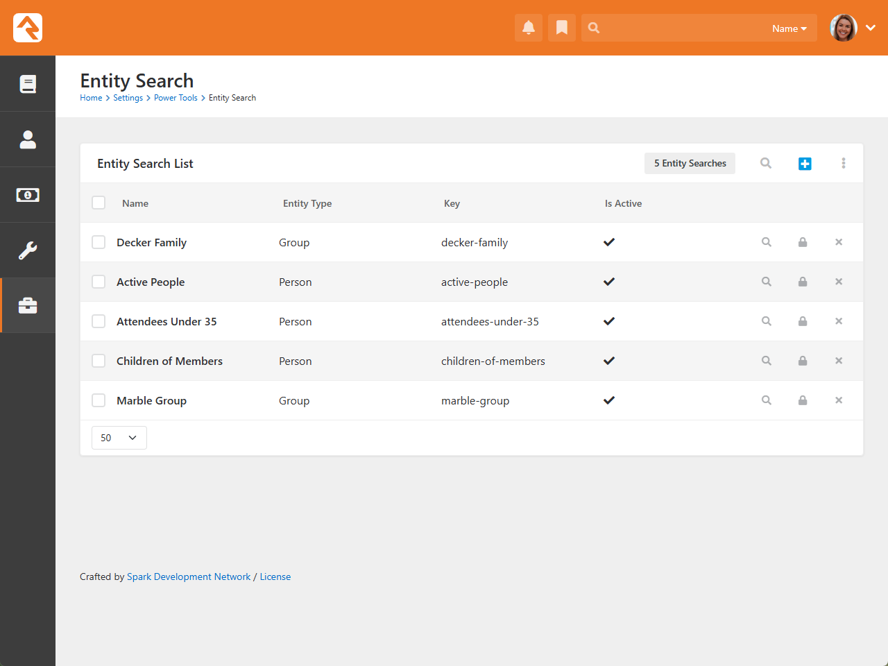 Entity Search list displaying existing saved entity search queries