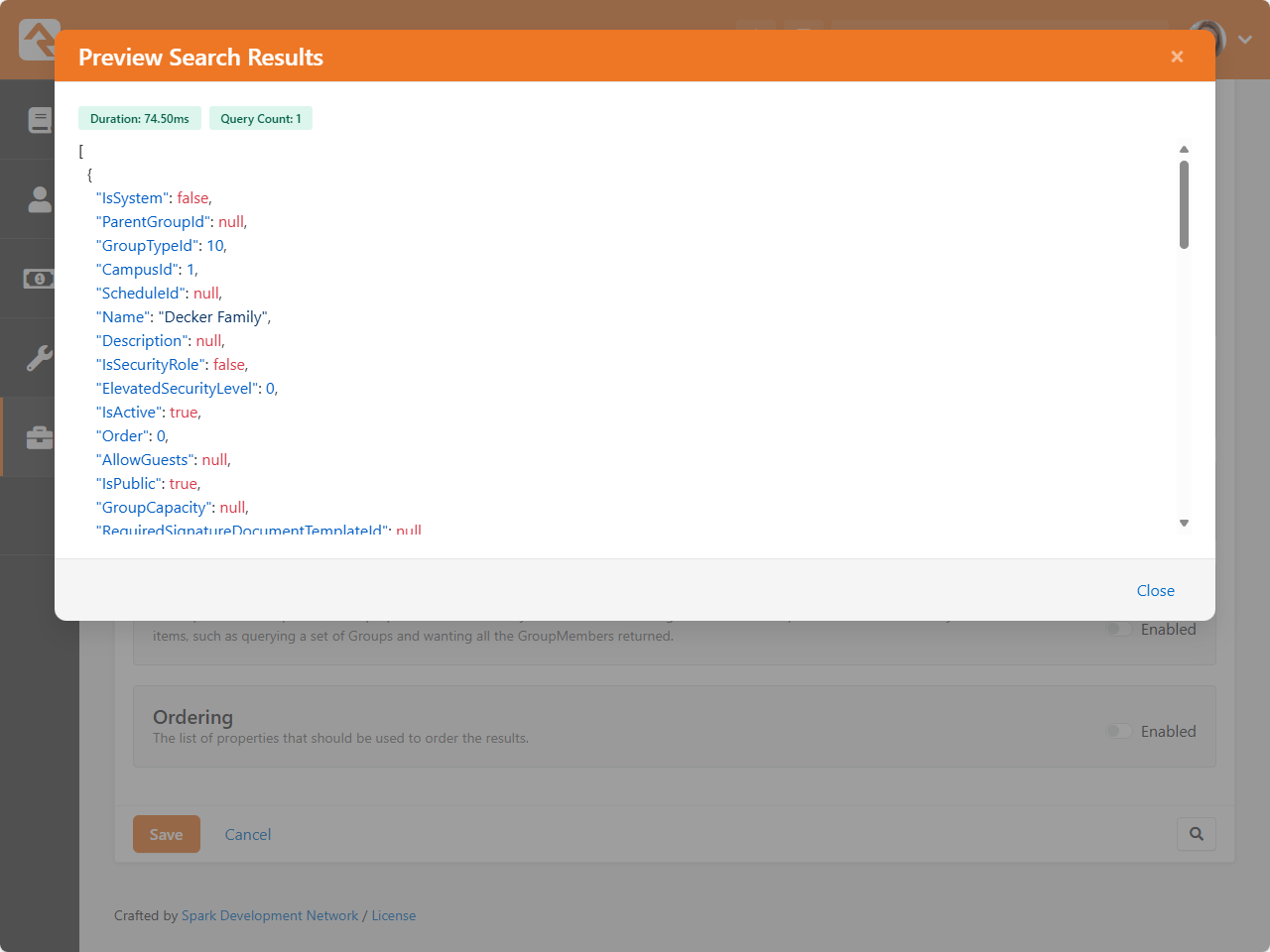 Preview of search results showing JSON data for Decker Family group