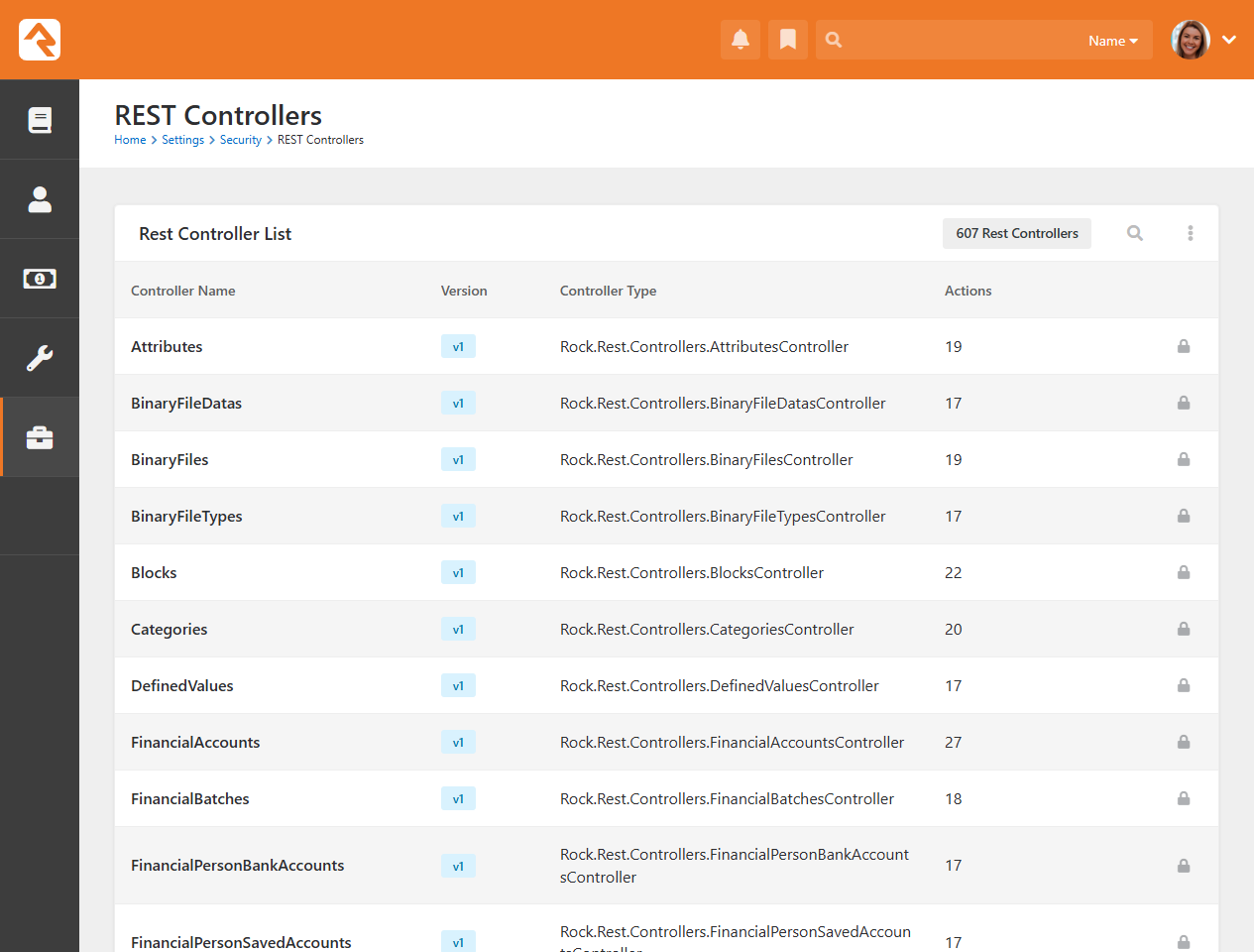 List of REST controllers with lock icons for security configuration