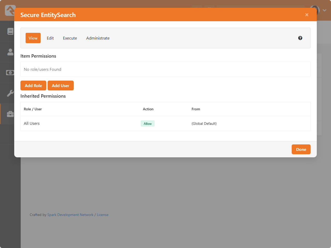 Security settings for an entity search showing permissions