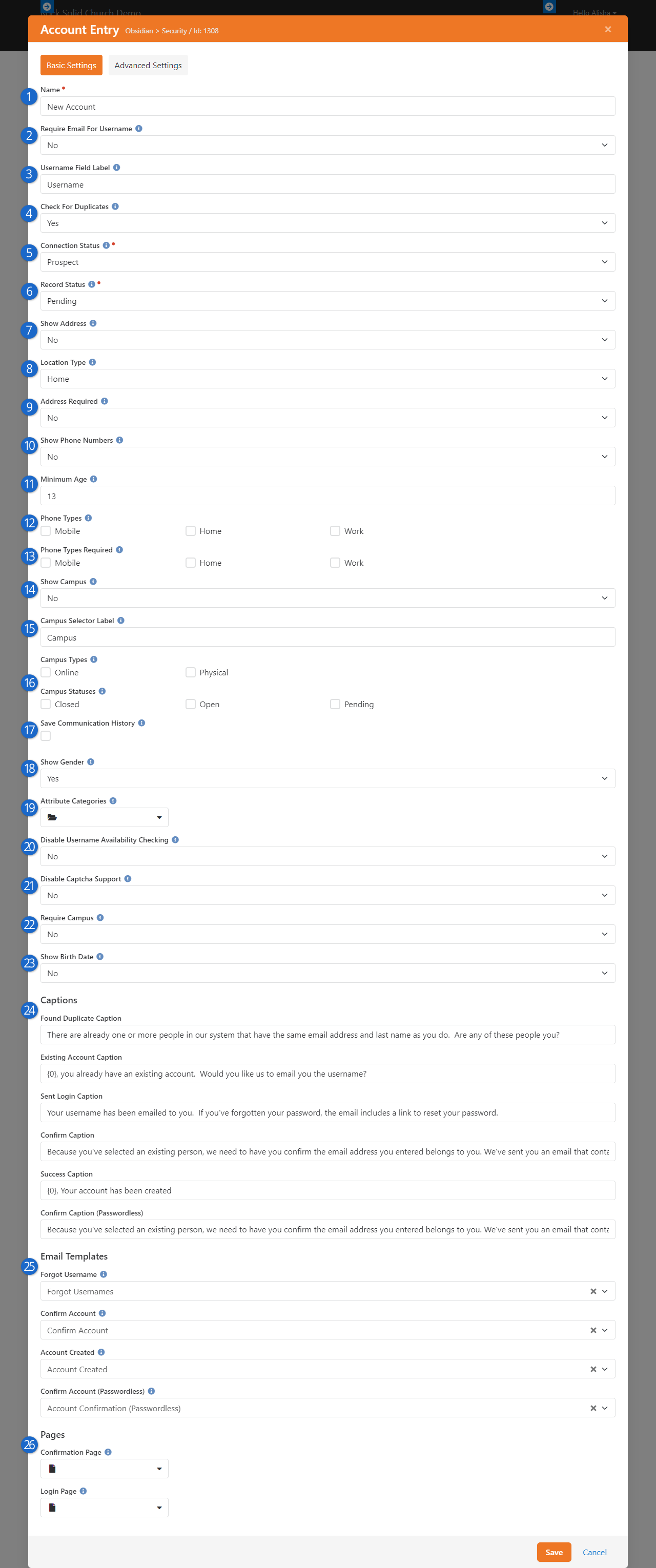 Account Registration Block Settings
