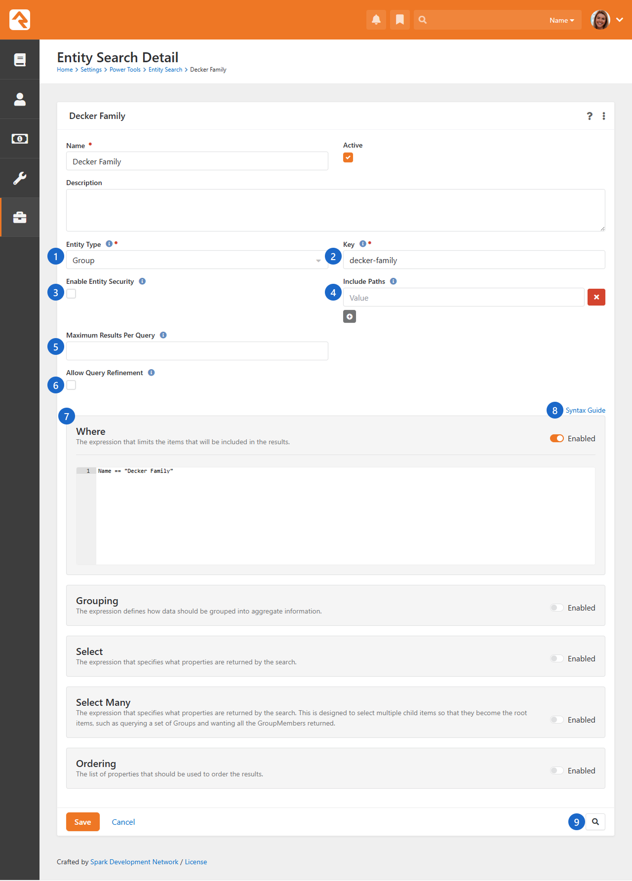 Detailed configuration screen for a saved entity search
