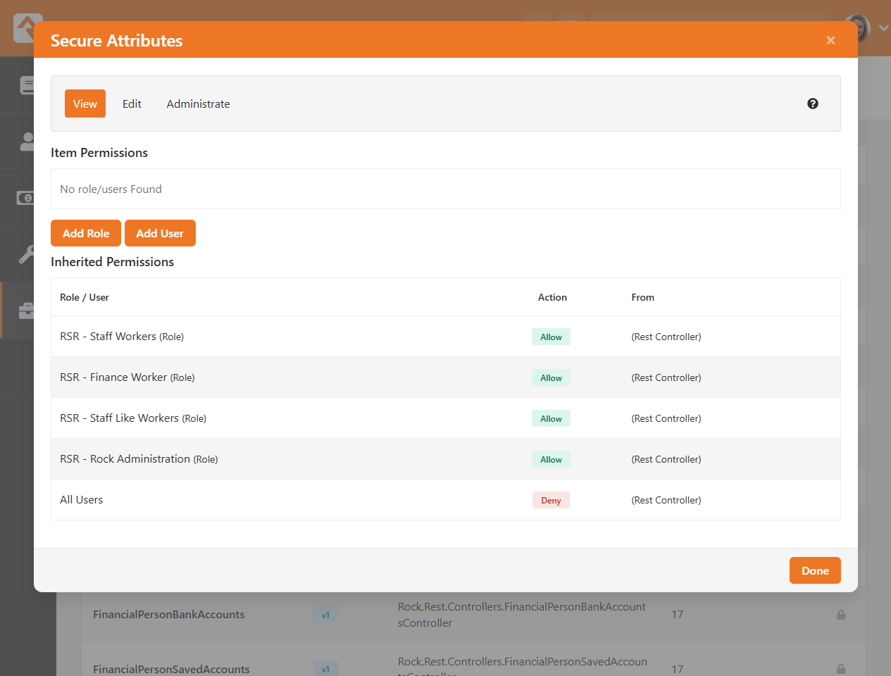 Permission settings view for REST API v1 showing inherited roles
