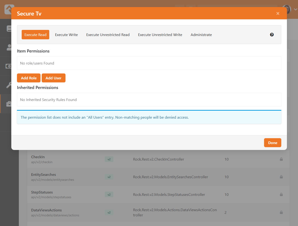 API v2 permission screen with no matching rules set for users