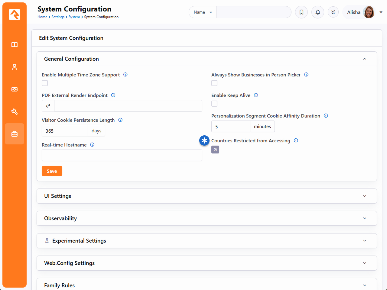 Page properties showing the restricted countries field in advanced settings.
