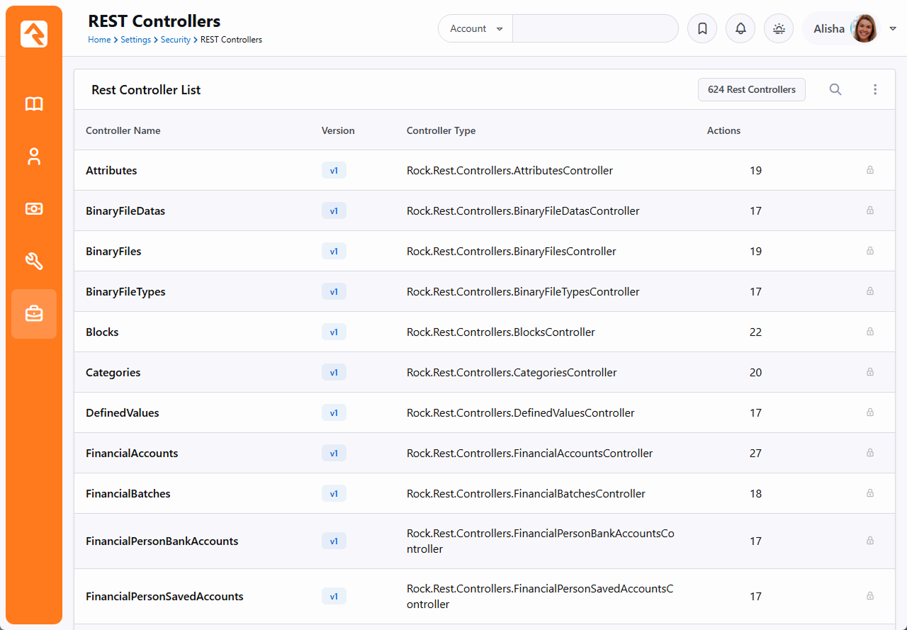 List of REST controllers with lock icons for security configuration