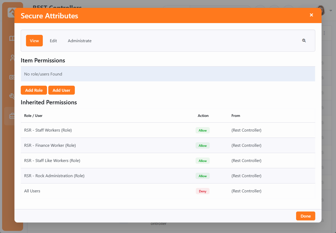 Permission settings view for REST API v1 showing inherited roles